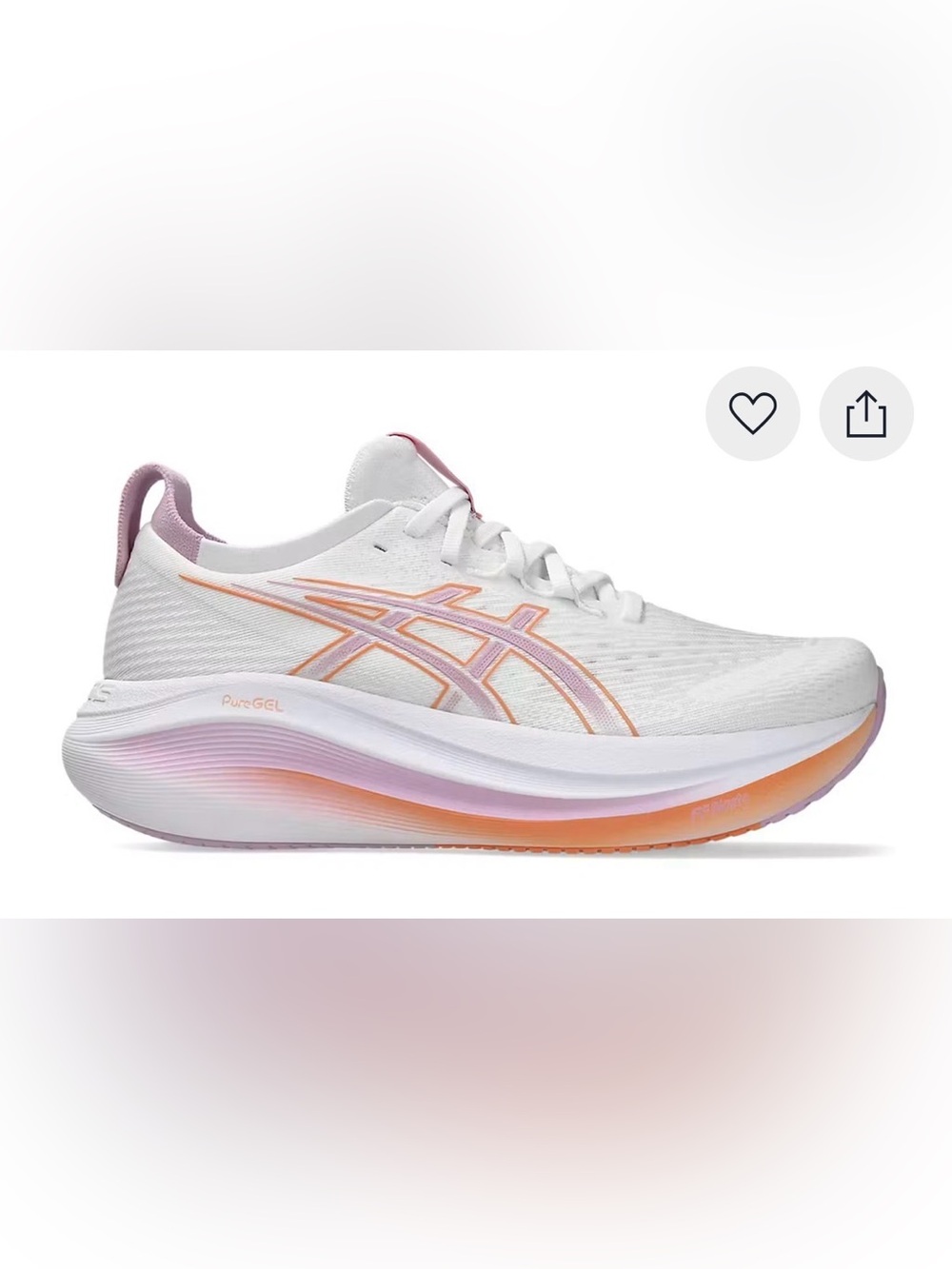 ASICS Gel Nimbus 27 White/Ube Women’s Running Shoe with light purple orange EUC